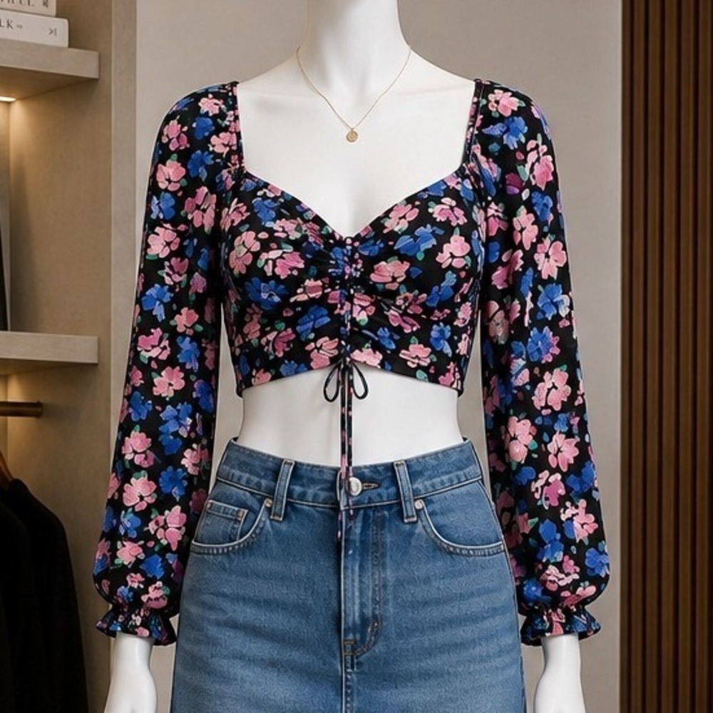 Miss Selfridge Womens Crop Top Floral Ruched Tie Front Puff Sleeve Black 8